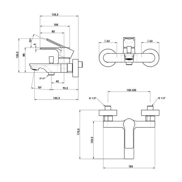Matēti melns sienas jaucējkrāns vannai (ar 2 izvadiem) Pax – Sapho-image-2