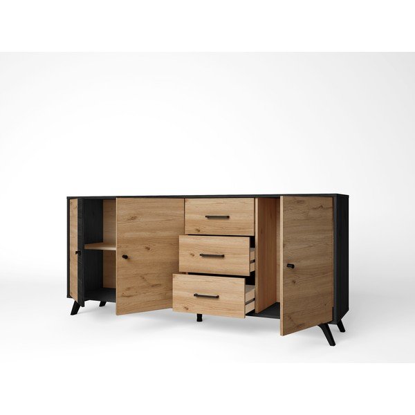 Melna/dabīga toņa zema kumode ar ozolkoka imitāciju 181x81 cm Bocami – Marckeric-image-3