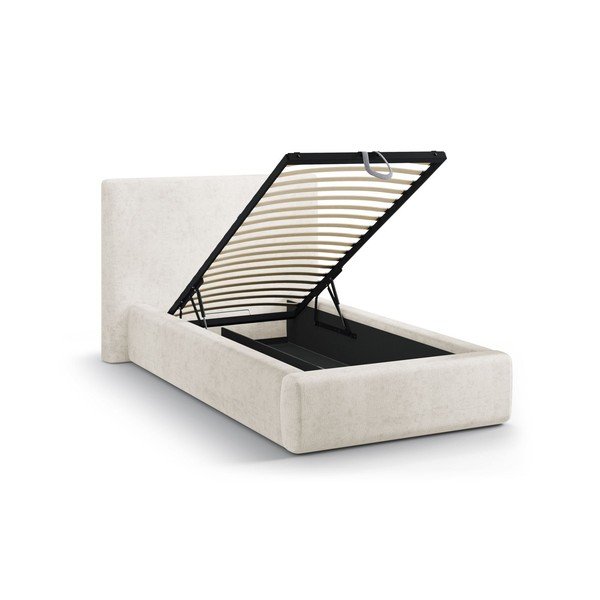 Krēmkrāsas polsterēta vienvietīga gulta ar veļas kasti un redelēm 90x200 cm Amy – Micadoni -image-1