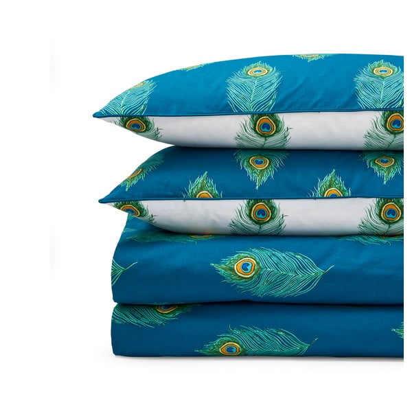 Balta/zilganzaļa divguļamā kokvilnas gultas veļa 200x200 cm Peacock Feather – Their Nibs