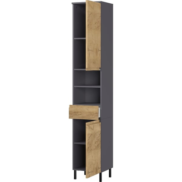 Tumši pelēks augsts vannas istabas skapītis ar ozolkoka imitāciju 34x190 cm Salinas – Germania-image-1