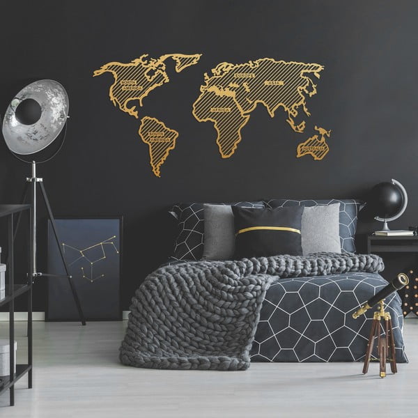 Metāla sienas dekors zelta krāsā World Map In The Stripes, 150 x 80 cm