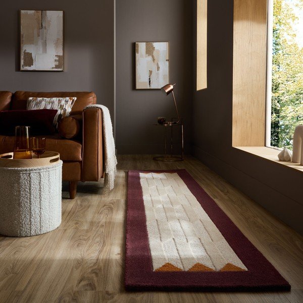 Bordo/dabīga toņa ar rokām darināts vilnas celiņa paklājs 60x230 cm Apex Border Wool – Flair Rugs-image-1