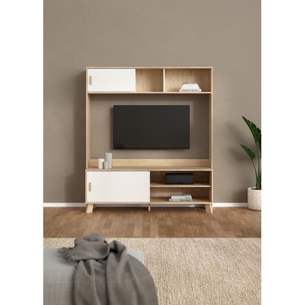 Balts/dabīga toņa TV plauktu komplekts ar ozolkoka imitāciju 159x181x48 cm Ikast – Tvilum-image-1