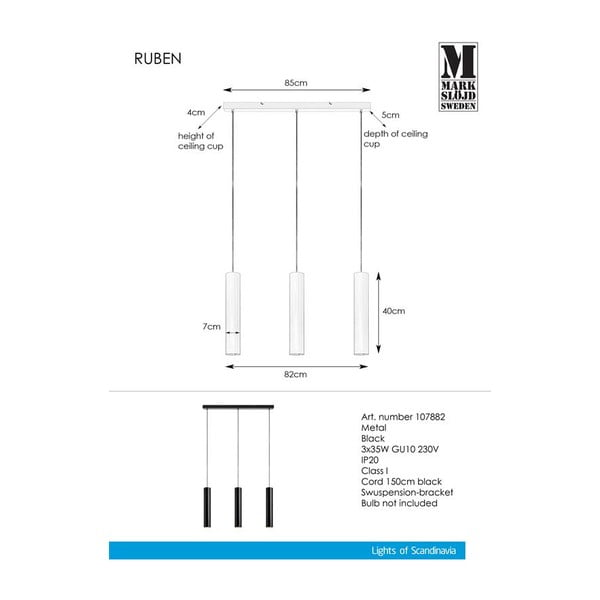 Melns piekaramais gaismeklis Markslöjd Ruben Pendant 3L-image-1
