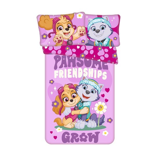 Rozā kokvilnas bērnu gultas veļa 100x135 cm Paw Patrol "Pawsome friendships grow" – Jerry Fabrics