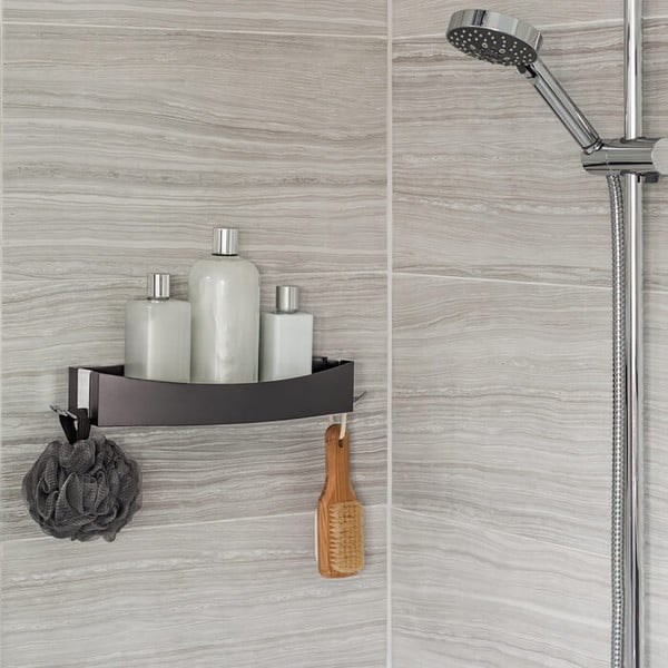 Melns pie sienas montējams pašturošs dušas plaukts Compactor Clever Flip Shower Shelf-image-1