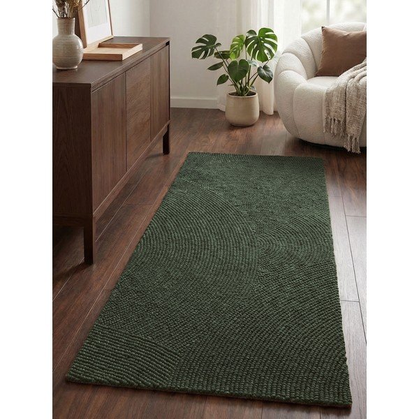 Tumši zaļš ar rokām darināts vilnas celiņa paklājs 80x300 cm Calmio – Hanse Home-image-1