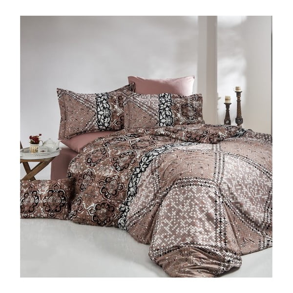 Kokvilnas satīna veļa ar divguļamās gultas pārklāju Indigo Crema, 200 x 220 cm