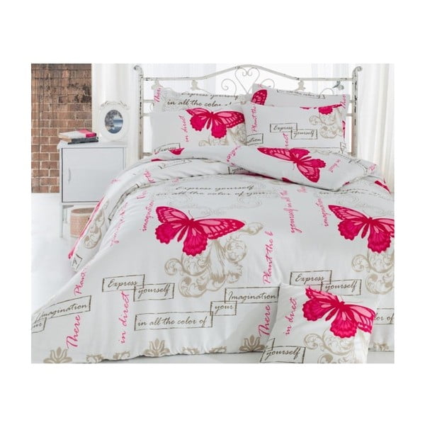 Divvietīgas gultas pārklājs ar kokvilnas maisījuma palagiem Love Butterflies, 200 x 220 cm