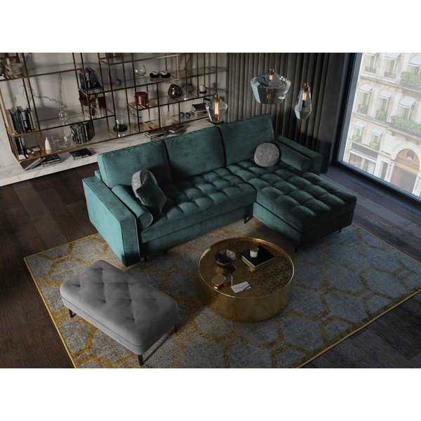 Zilganzaļš samta izvelkamais stūra dīvāns ar veļas kasti Milo Casa Santo, labais stūris-image-1