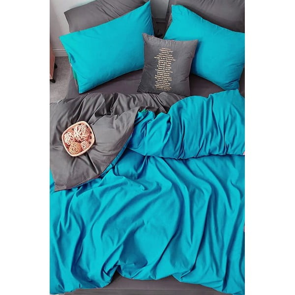 Pelēka/tirkīzzila divguļamā kokvilnas gultas veļa ar palagu 200x220 cm – Mila Home