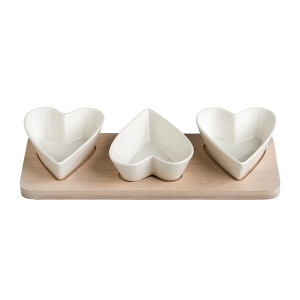 3 porcelāna trauku komplekts ar bambusa paplāti Brandani Hearts