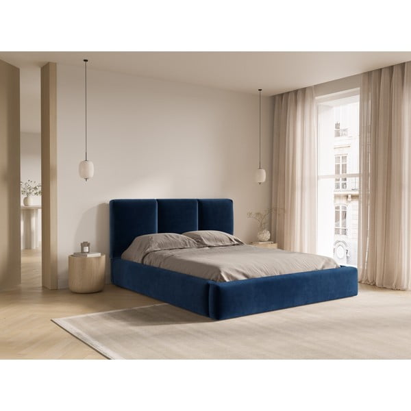 Tumši zila samta polsterēta divvietīga gulta ar veļas kasti un redelēm 140x200 cm Brody – Mazzini Beds-image-1