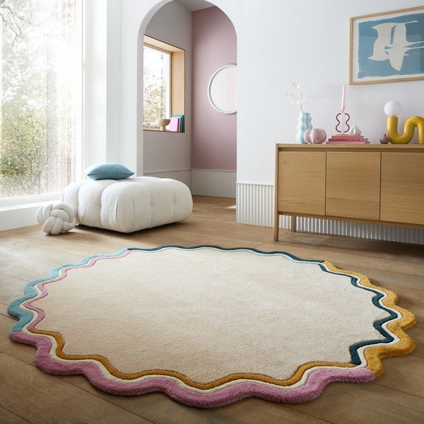 Dabīga toņa ar rokām darināts vilnas apaļš paklājs ø 180 cm Leo Scallop – Flair Rugs-image-1