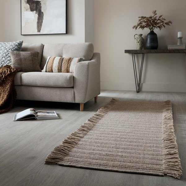 Pelēks ar rokām darināts celiņa paklājs no vilnas maisījuma 60x230 cm Rene Fringed Ribbed – Flair Rugs-image-1