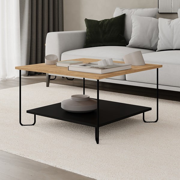 Melns/dabīga toņa žurnālgaldiņš ar ozolkoka imitācijas galda virsmu 80x80 cm Tonka – Marckeric-image-3