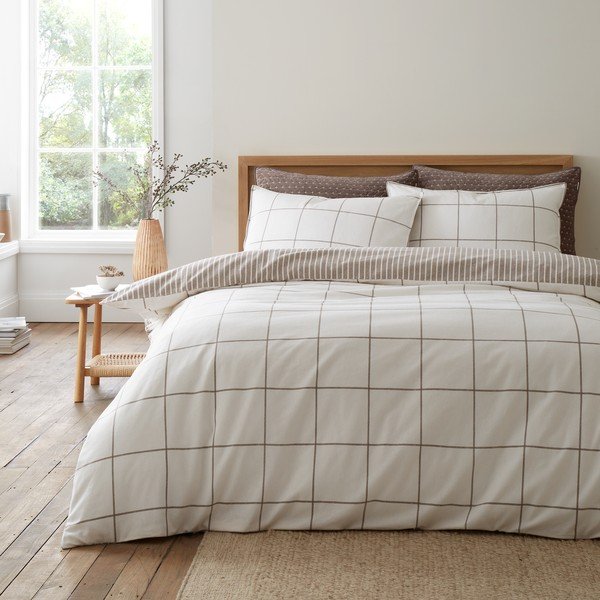 Krēmkrāsas/pelēkbrūna vienguļamā flaneļa gultas veļa 135x200 cm Brushed Regal Check – Bianca-image-1