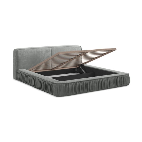 Pelēka polsterēta divvietīga gulta ar veļas kasti un redelēm 160x200 cm Keoni – Makamii-image-4