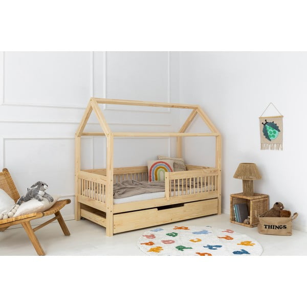 Dabīga toņa priedes masīvkoka bērnu gulta mājas formā/izvelkama ar veļas kasti 80x200 cm Mila MBW – Adeko
