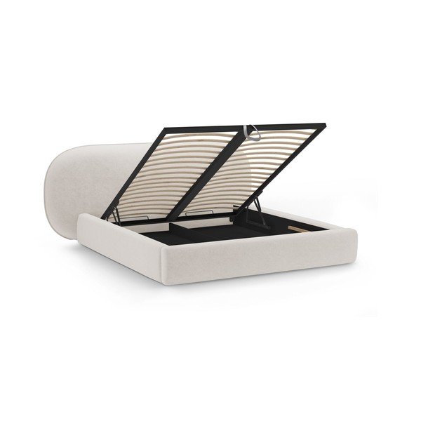 Krēmkrāsas polsterēta divvietīga gulta ar veļas kasti un redelēm 180x200 cm Ovalo – Micadoni -image-2