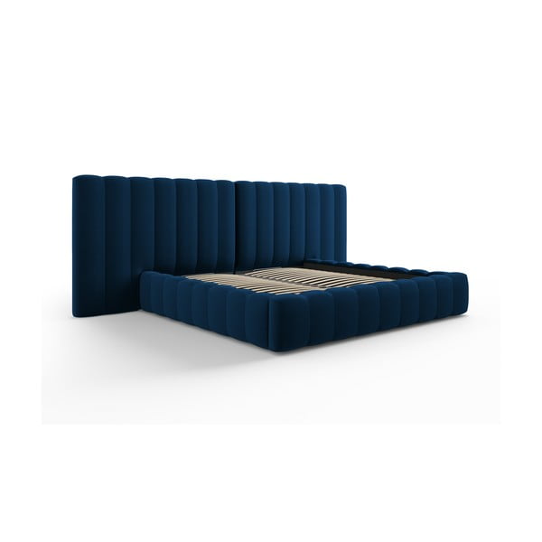 Tumši zila polsterēta divvietīga gulta ar veļas kasti un režģi 180x200 cm Gina – Milo Casa