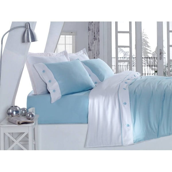 Kokvilnas satīna gultasveļa ar palagu divguļamai gultai Satīna zila, 200 x 220 cm