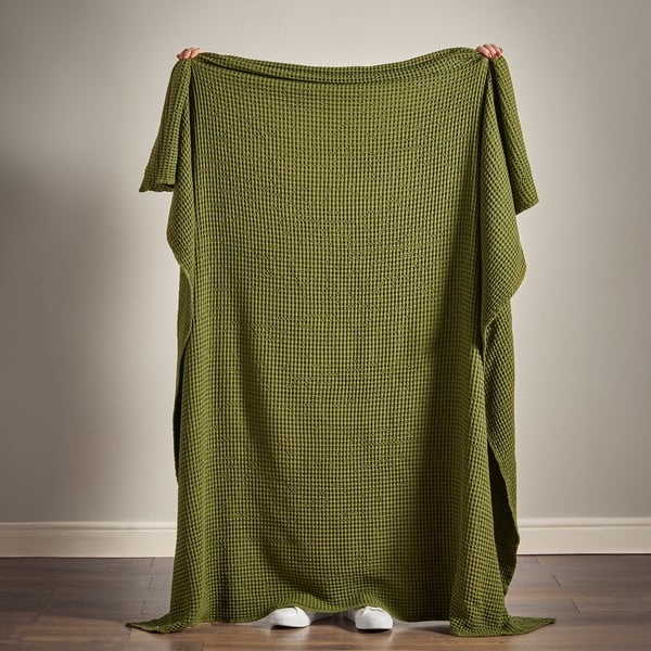 Zaļš kokvilnas pleds 150x200 cm Jaipur Chunky Waffle – Pineapple Elephant-image-2