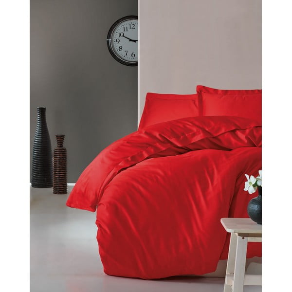 Sarkana kokvilnas satīna gultasveļa ar palagu divguļamai gultai Cotton Box Elegant Red, 200 x 220 cm
