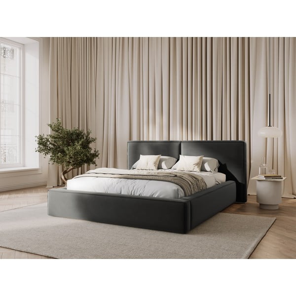 Pelēka samta polsterēta divvietīga gulta ar veļas kasti un redelēm 180x200 cm Arendal – Cosmopolitan Design-image-1