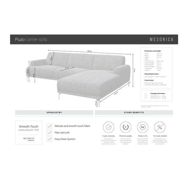 Gaiši pelēks stūra dīvāns MESONICA Puzo, labais stūris-image-4