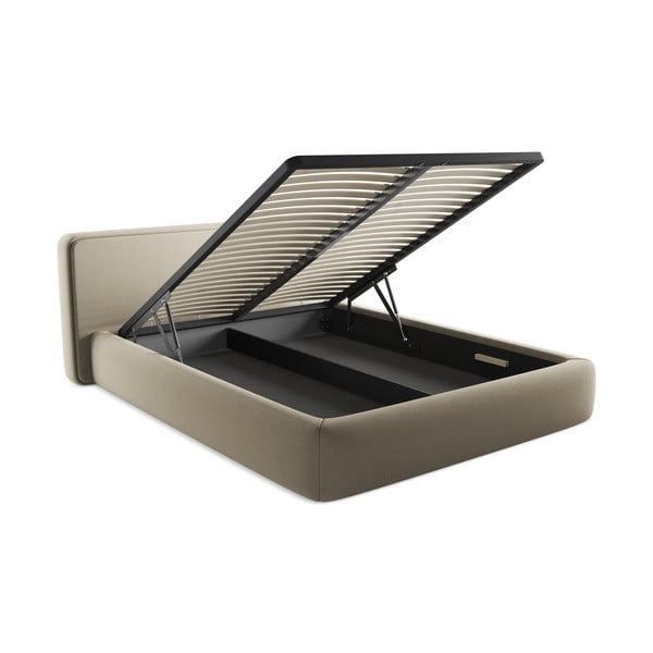 Bēša polsterēta divvietīga gulta ar veļas kasti un redelēm 160x200 cm Kiana – Makamii-image-3