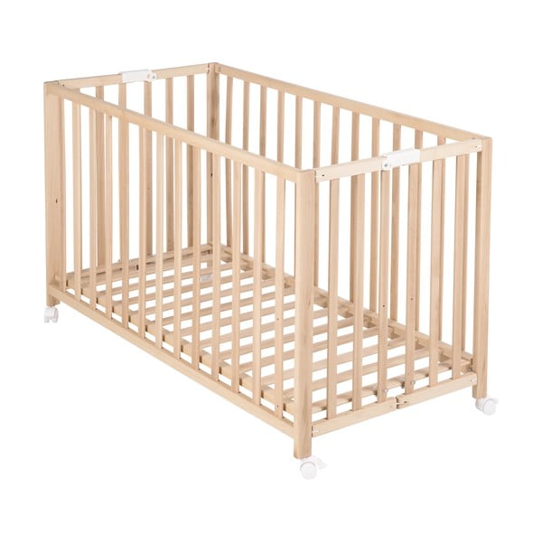 Dabīga toņa bērnu gultiņa ar riteņiem 60x120 cm Fold up – Roba