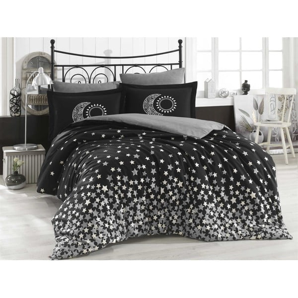 Melna kokvilnas poplīna gultasveļa ar vienu gultas pārklāju Star, 160 x 220 cm
