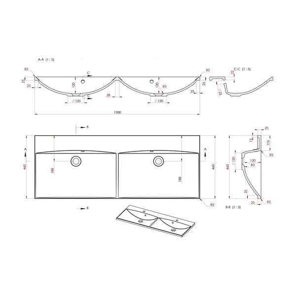 Balta dubultā izlietne no minerālu kompozītmateriāla 120x46 cm Maria – Sapho-image-1