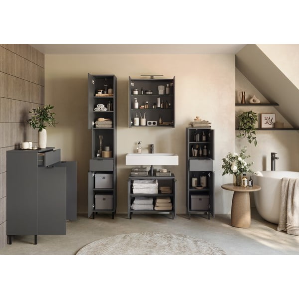 Antracīta pelēks augsts/šaurs vannas istabas skapis 30x120 cm Arcena – Germania-image-4