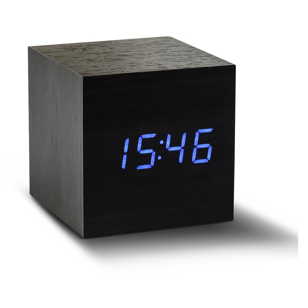 Melns modinātājs ar zilu LED displeju Gingko Cube Click Clock