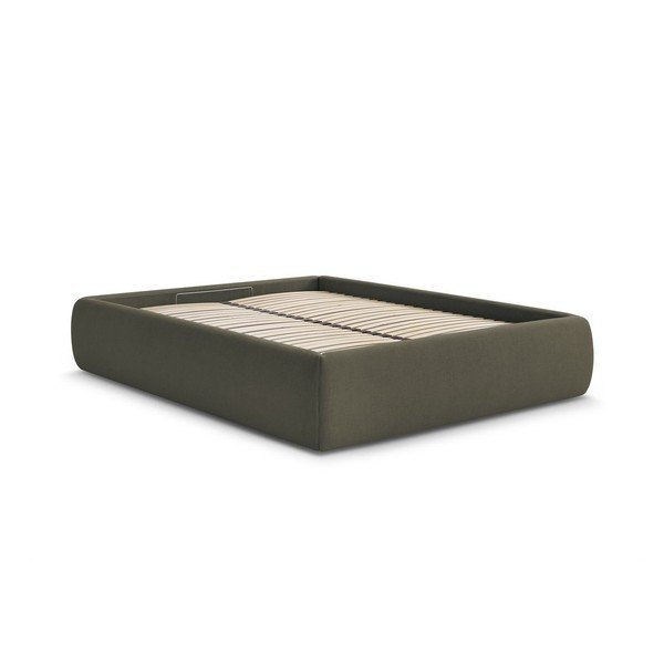 Tumši zaļa polsterēta divvietīga gulta ar veļas kasti/bez galvgaļa un ar redelēm 160x200 cm Inera – Bobochic Paris