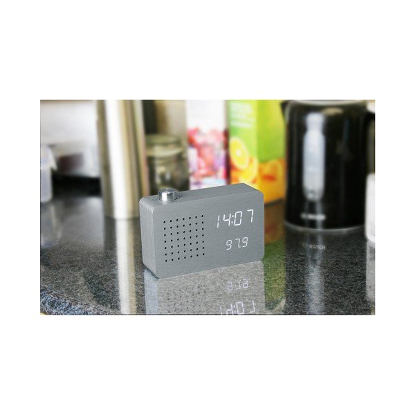 Pelēks modinātājs ar baltu LED displeju un radio Gingko Radio Click Clock-image-3