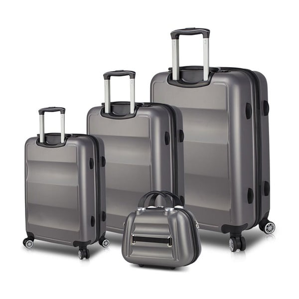 3 pelēku ceļojumu koferu komplekts uz riteņiem ar USB pieslēgvietām un rokas somu My Valice LASSO Travel Set