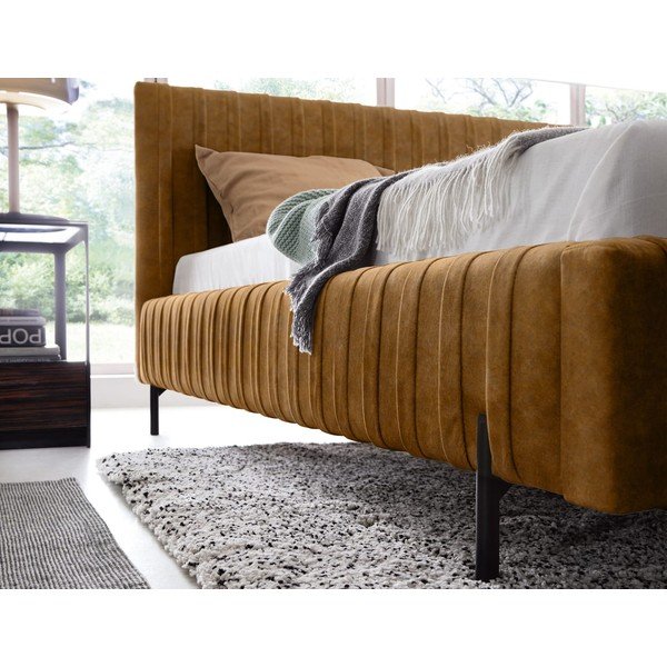 Okera dzeltena polsterēta divvietīga gulta ar veļas kasti un ar redelēm 160x200 cm Plissa – ELTAP-image-4