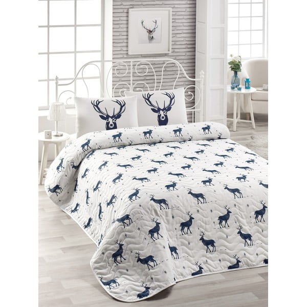 Tumši zils stepēts gultas pārklājs un 2 kokvilnas maisījuma spilvendrānas divguļamai gultai EnLora Home Geyik, 240 x 220 cm