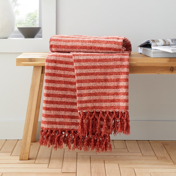 Sarkans/oranžs samta pleds 130x170 cm Stripe Chenille – Catherine Lansfield