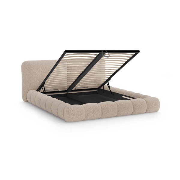 Pelēkbēša polsterēta divvietīga gulta ar veļas kasti un redelēm 200x200 cm Solange – Micadoni -image-2