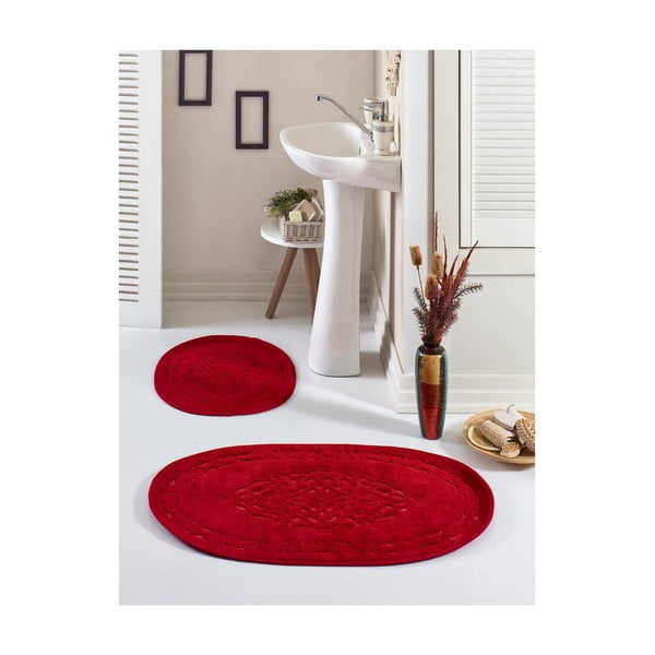 2 sarkanu ovālu vannas istabas paklājiņu komplekts