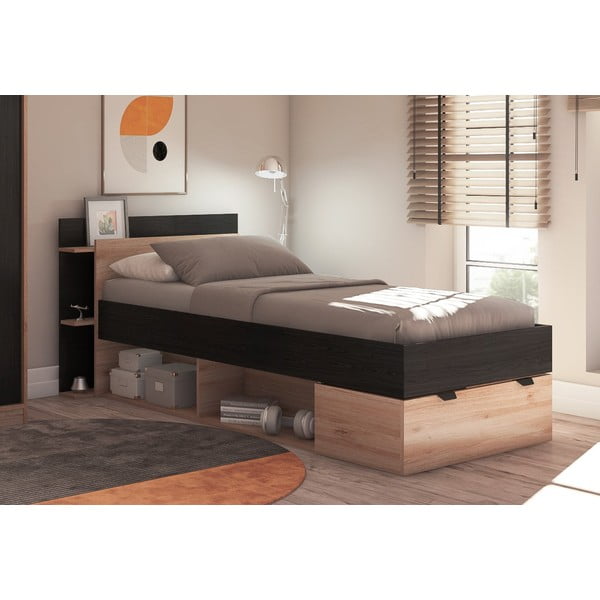 Melna/dabīga toņa vienvietīga gulta ar ozolkoka imitāciju un veļas kasti bez režģa 90x200 cm Albo – Marckeric-image-3