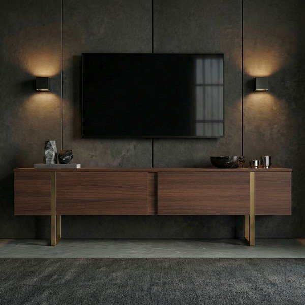 Tumša dabīga toņa TV galdiņš ar riekstkoka imitāciju 180x50x30 cm Onera – Kalune Design-image-2