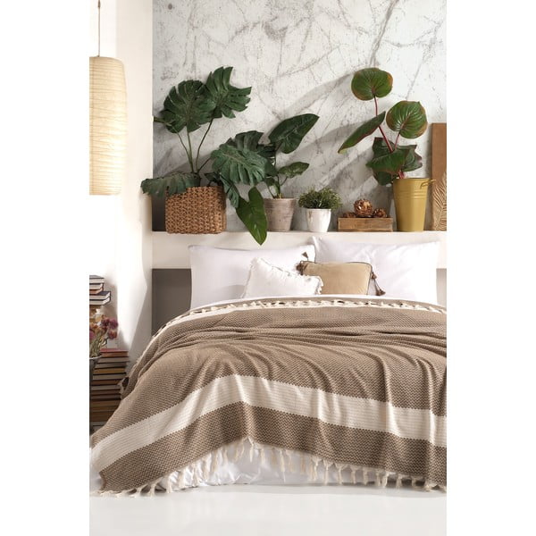 Brūns/bēšs kokvilnas gultas pārklājs divguļamai gultai 200x230 cm Şeritli – Mijolnir