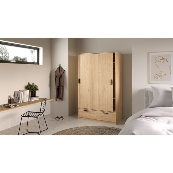 Dabīga toņa drēbju skapis ar ozolkoka imitāciju ar bīdāmām durvīm 121x200 cm Line – Tvilum-image-3