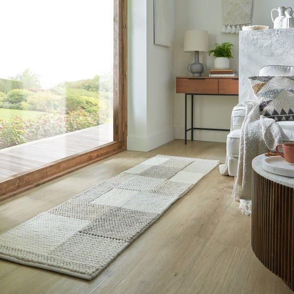 Bēšs ar rokām darināts celiņa paklājs no vilnas maisījuma 60x230 cm Minerals Patchwork – Flair Rugs-image-1